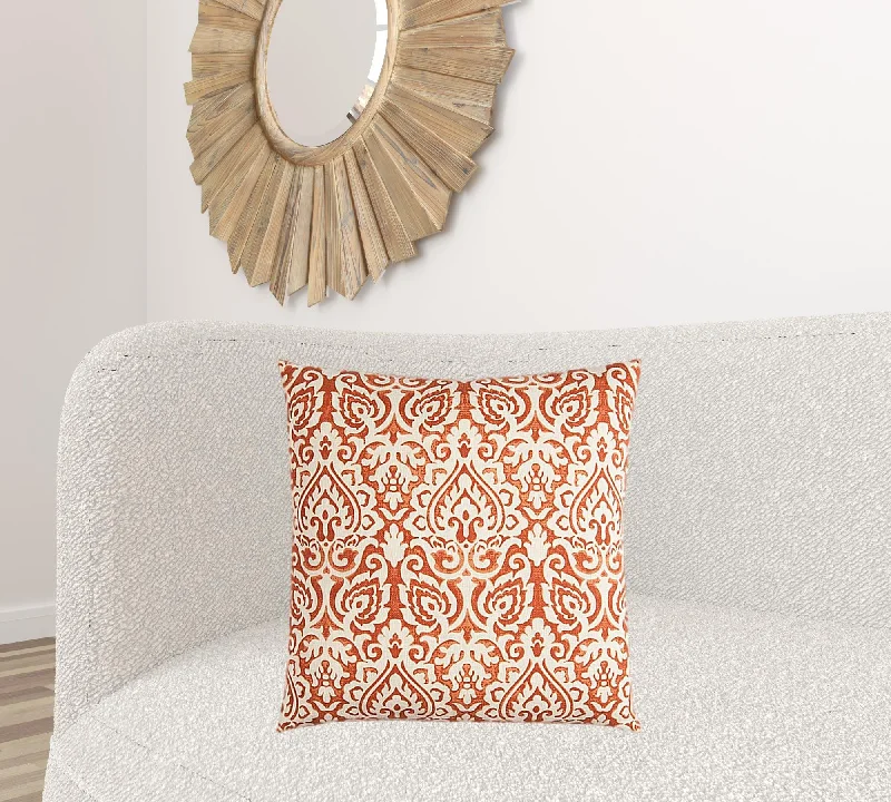 Orange White Distressed Damask Throw Pillow