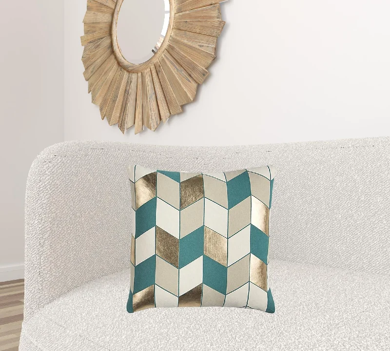 Teal Gold Striped Chevron Throw Pillow